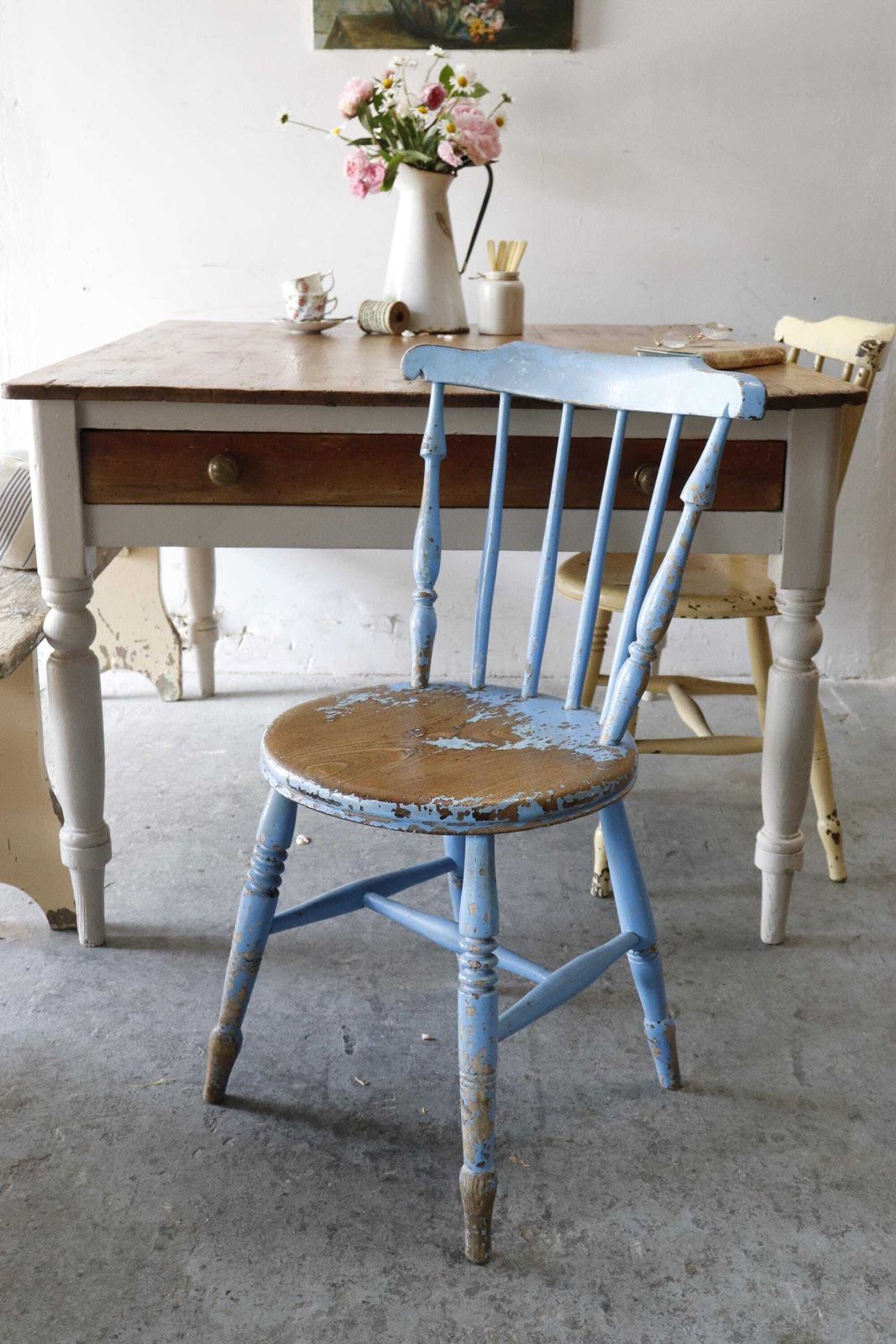 Lovely Spindle Back Victorian Elm Penny Chair With Original Chippy Blue Paint photo furniture