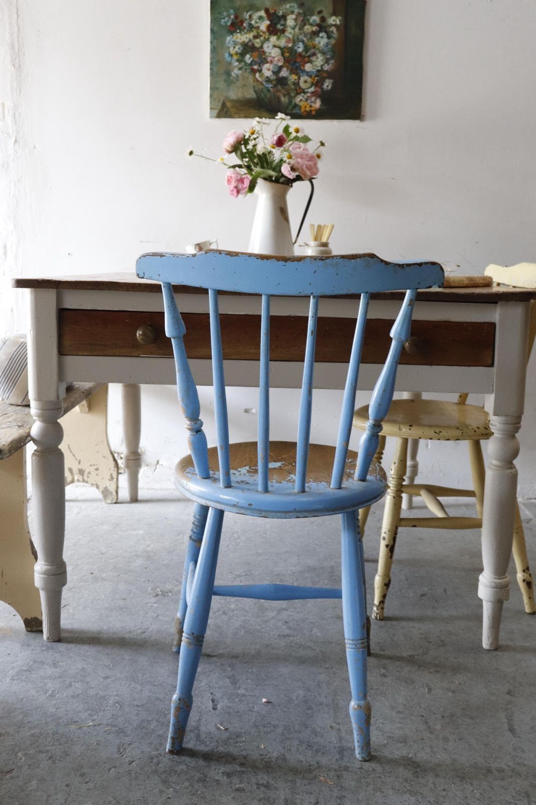 Lovely Spindle Back Victorian Elm Penny Chair With Original Chippy Blue Paint photo for sale
