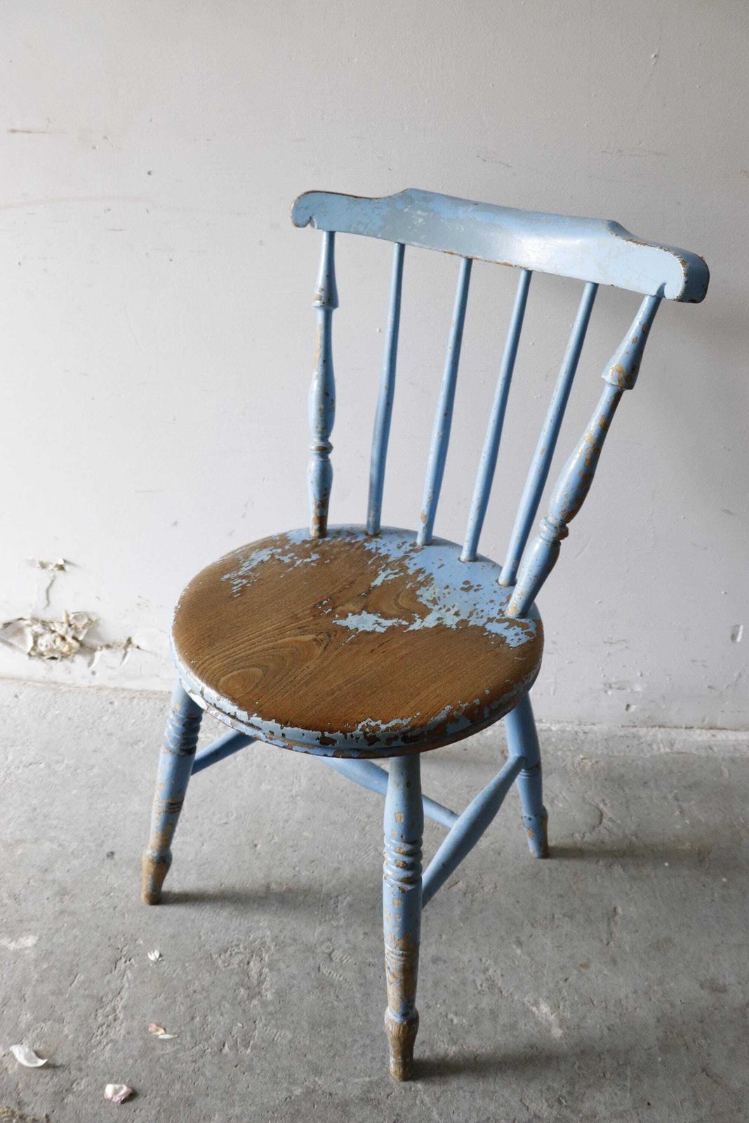 photo for sale Lovely Spindle Back Victorian Elm Penny Chair With Original Chippy Blue Paint