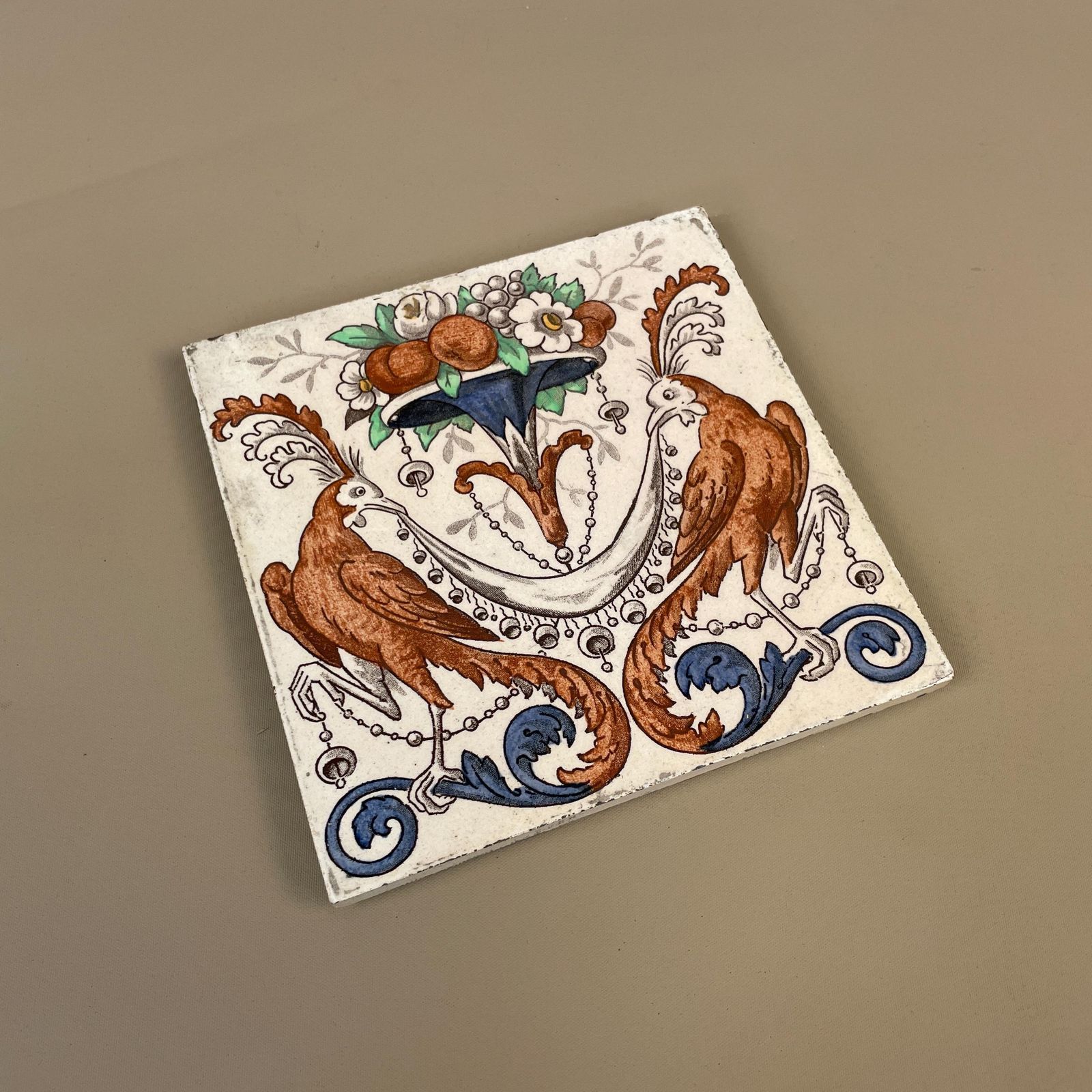 Antique Original Victorian Tile Ceramic Square Old Bird Pattern Placemat 15x15cm Coaster Patterned Decorative Vintage Coaster Plant Mat