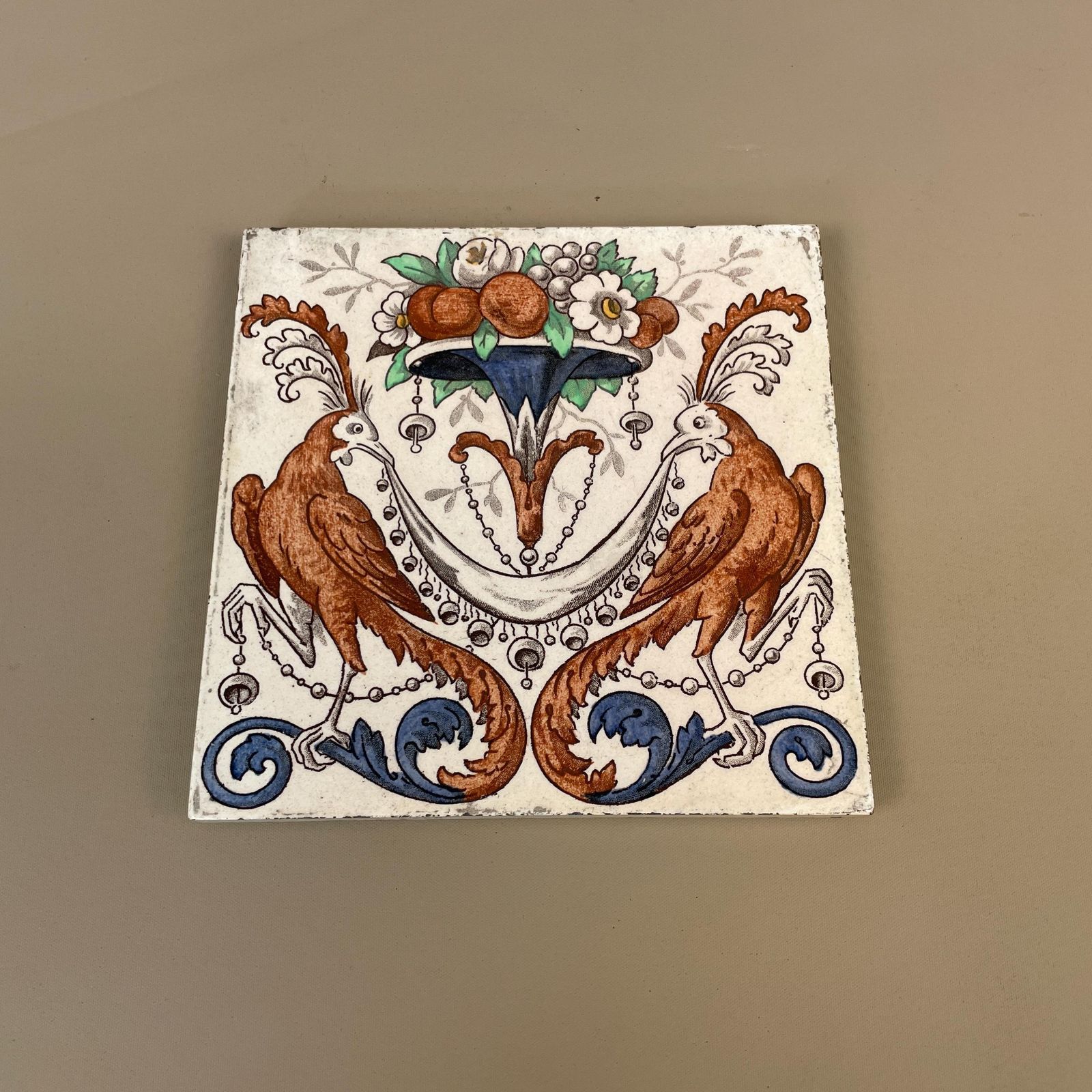 Antique Original Victorian Tile Ceramic Square Old Bird Pattern Placemat 15x15cm Coaster Patterned Decorative Vintage Coaster Plant Mat photo furniture