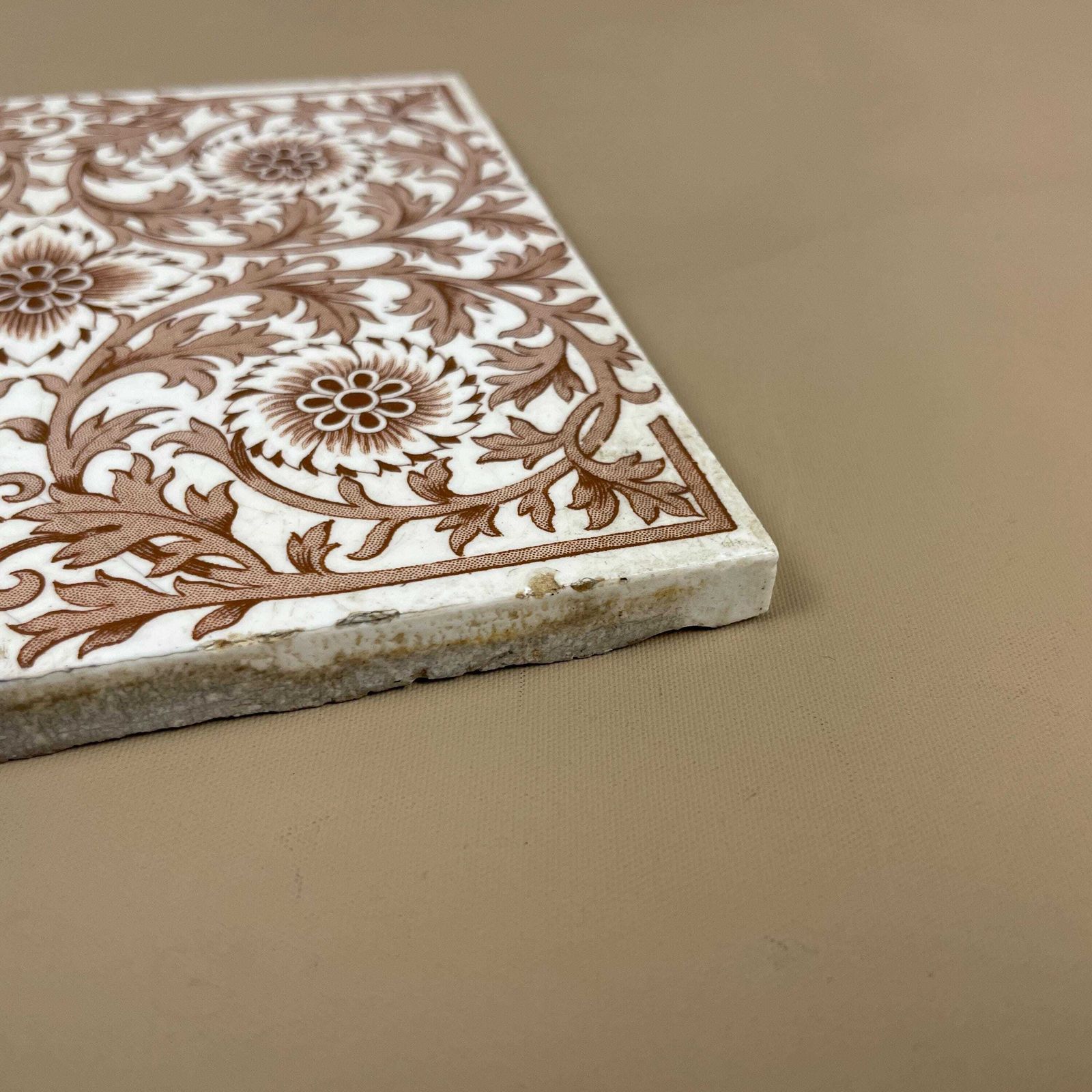 Antique Original Mintons Victorian Tile Ceramic Square Old Pattern Brown & Cream Placemat 15cm Coaster Patterned Decorative Vintage Mat photo 55.0