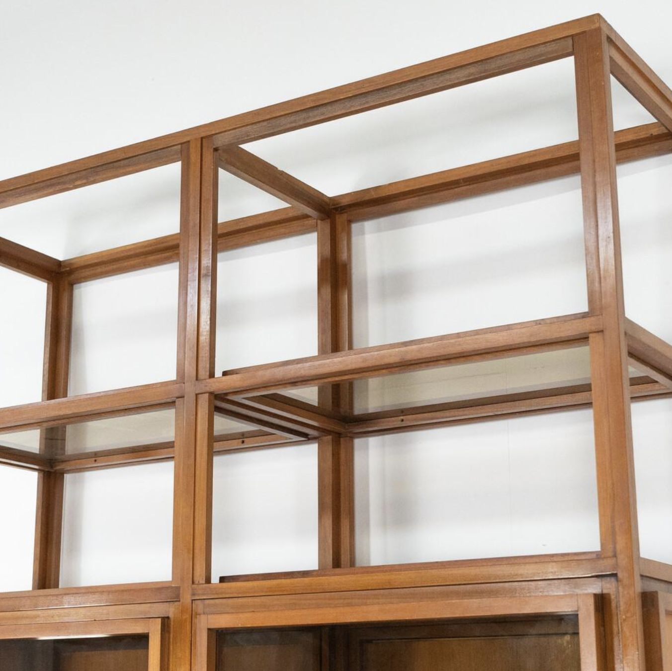 Mid Century Modern Shelves, Wood And Glass photo vintage