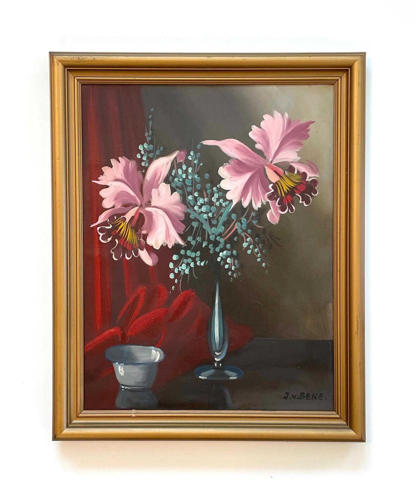 Stunning 1950s Pair Of Still Life Oil Paintings With Flower Motives In Pink And Yellow Colours photo furniture