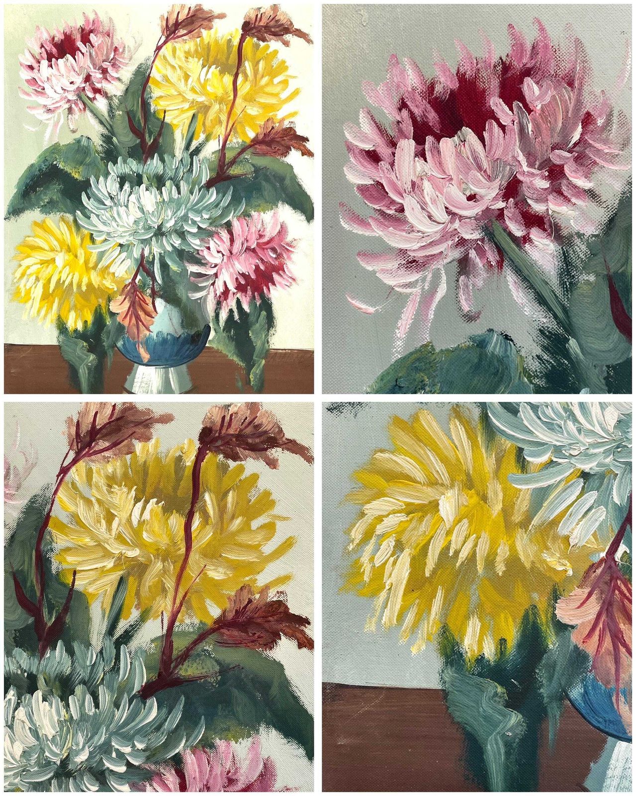 Stunning 1950s Pair Of Still Life Oil Paintings With Flower Motives In Pink And Yellow Colours photo buy