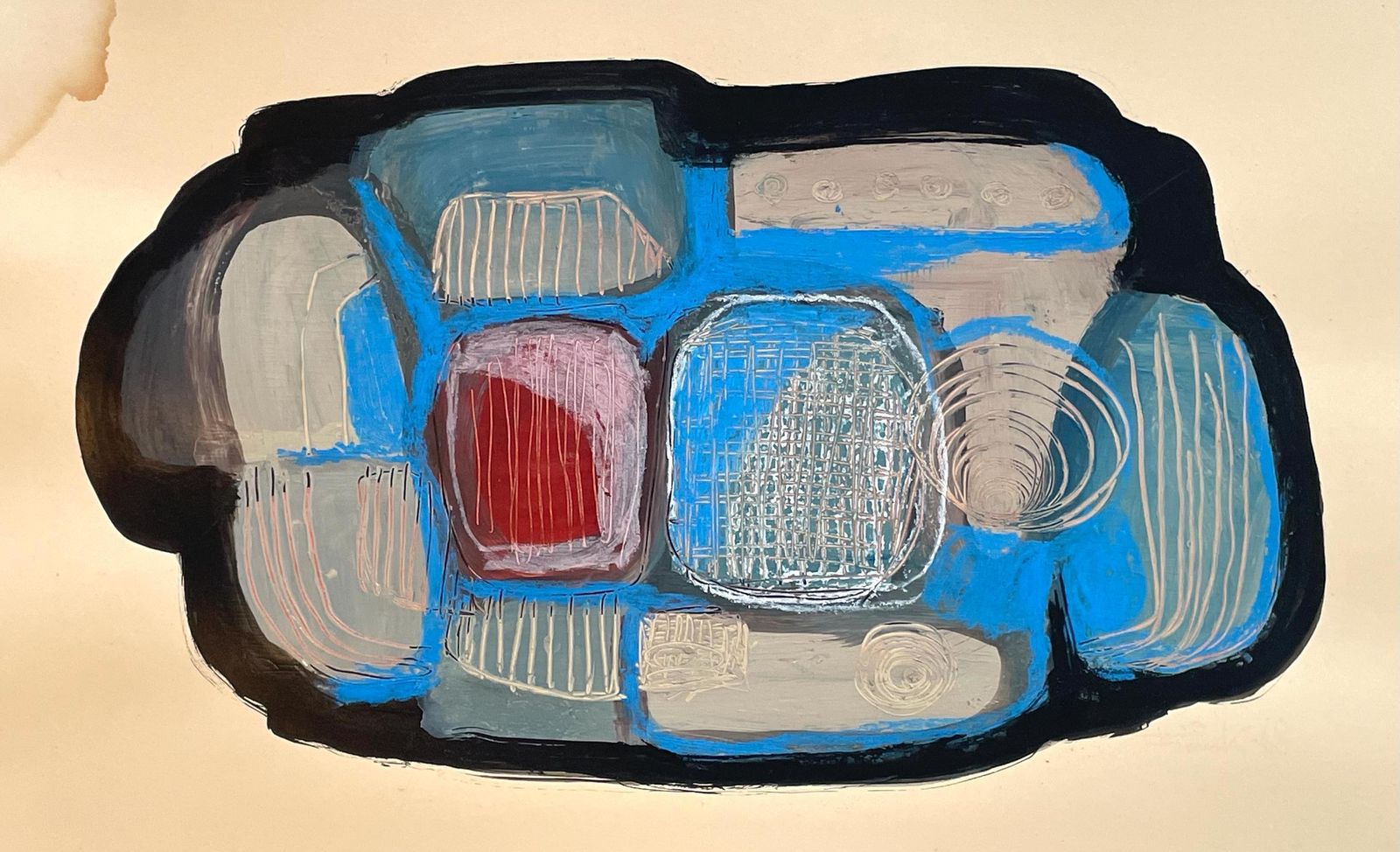 Danish Vintage Original Mid Century Paint And Pastel On Paper Painting From 1968 With Abstract Motive By Finn Krogh