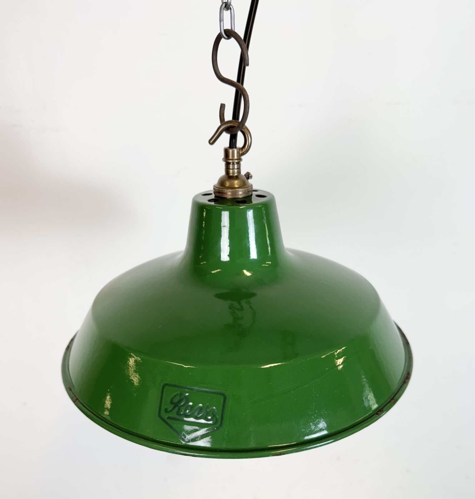 Industrial Green Enamel Factory Pendant Lamp From Revo, 1950s photo for sale