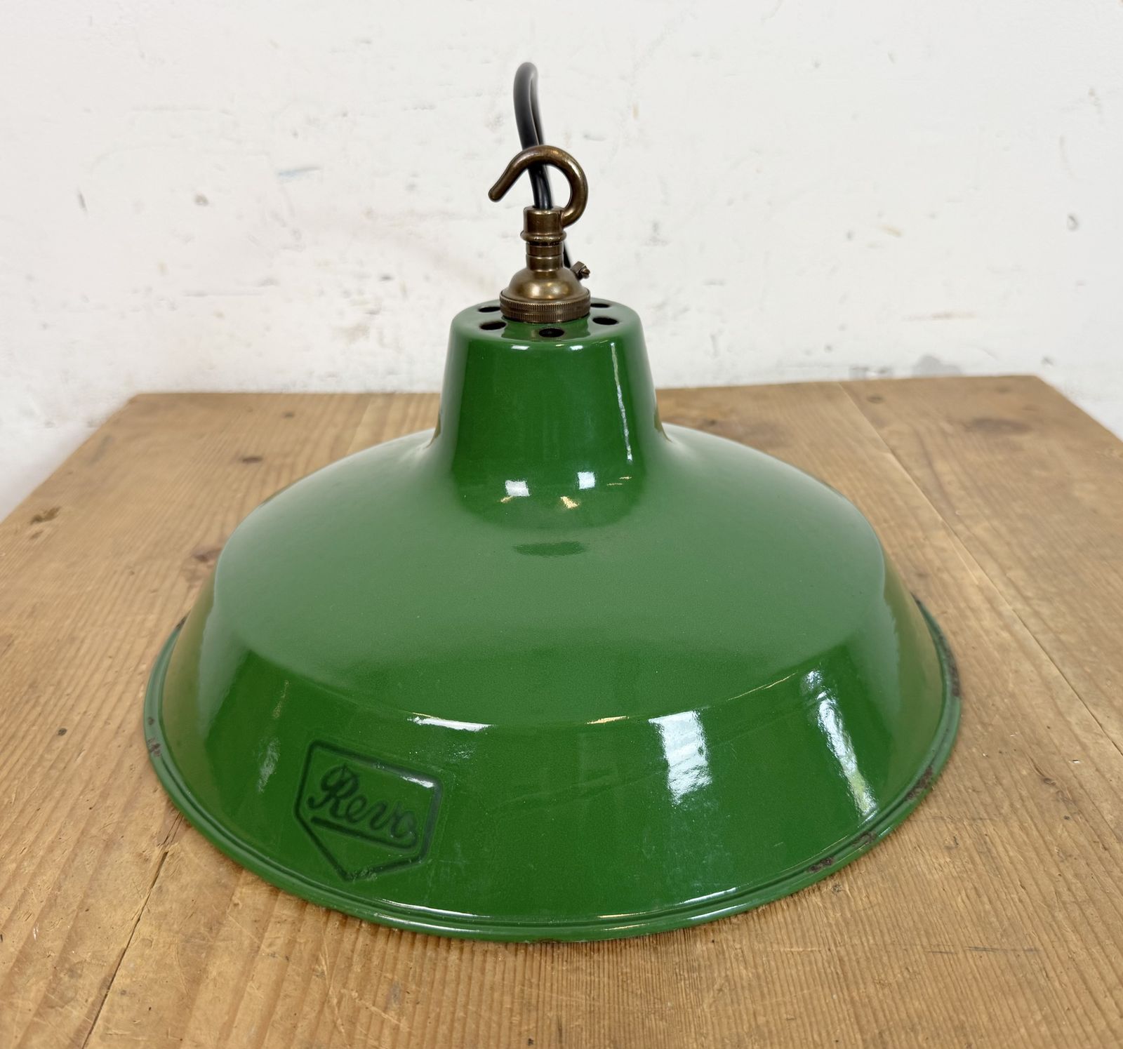 219.0 Industrial Green Enamel Factory Pendant Lamp From Revo, 1950s photo