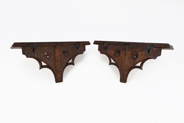 photo vinterior Antique Carved Oak Church Wall Consoles, 1850, Set Of 2