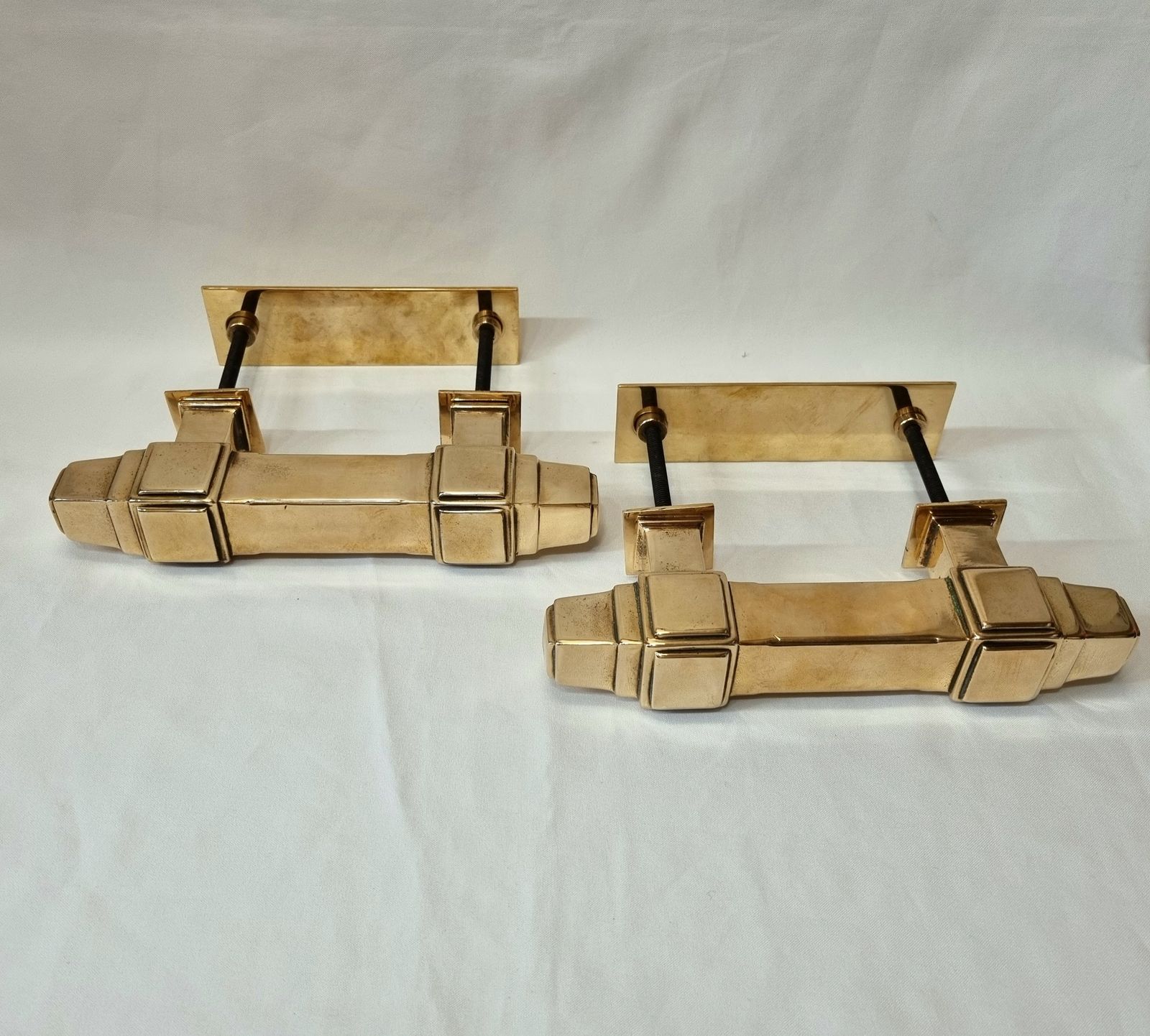 Home Fixtures An Exceptional Pair Of Top Quality Early Art Deco Bronze Door Pull Handles Including Lovely Backplate Fittings, Weighing Over 4.75 Kg. photo