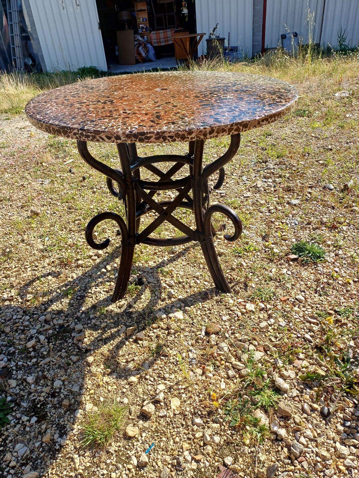 Vintage Rattan Table With Cement And Reconstituted Stone Top