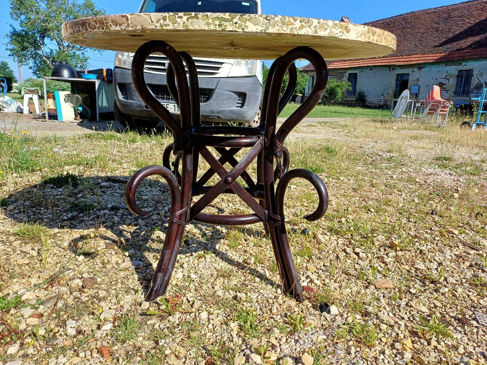 Vintage Rattan Table With Cement And Reconstituted Stone Top photo buy