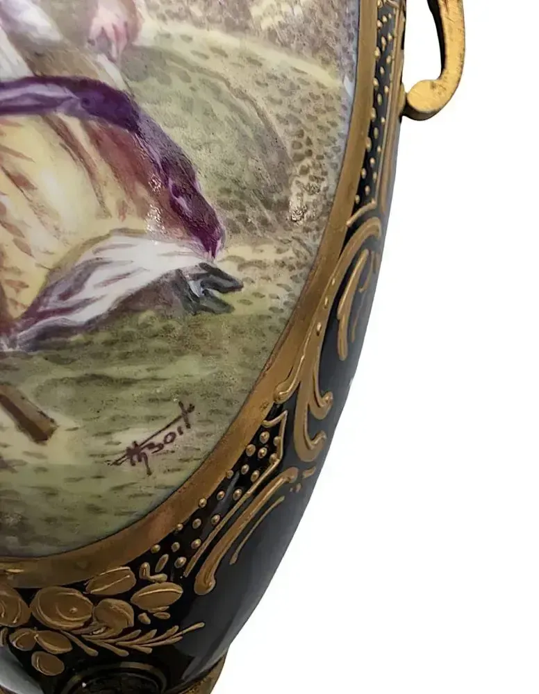 A Very Fine Pair Of 19th Century Hand Painted Sevres Style Lidded Urns photo for sale