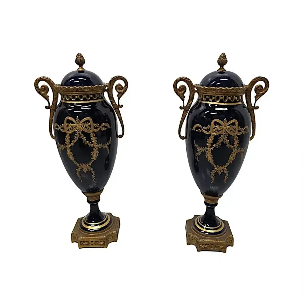 A Very Fine Pair Of 19th Century Hand Painted Sevres Style Lidded Urns photo Home Decor