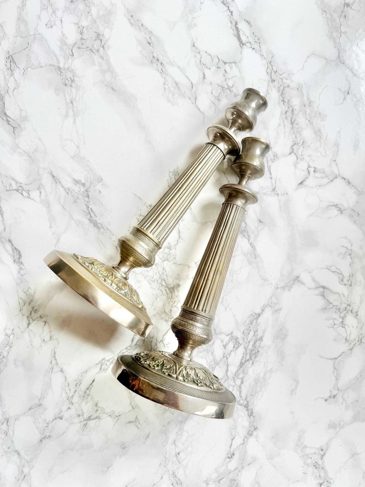 Pair Of Tall Silver Plated Bronze Candlesticks French Living Room Decor Candle Holders Antique Table Top Decor French Chateau Style Bourbon