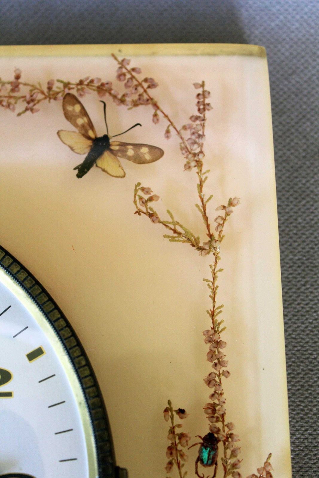 Vintage French Vedette Transistor Wall Clock, Unusual Resin Clock, Battery Operated, Insects Butterfly Dried Flowers, Works, Retro Mcm photo for sale