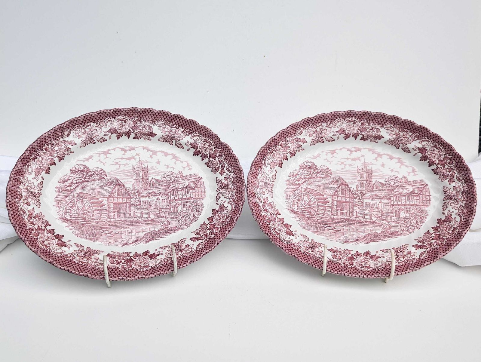 Pair Of Vintage Ironstone Merrie Old England Pink And White Transferware Fluted Platters #124