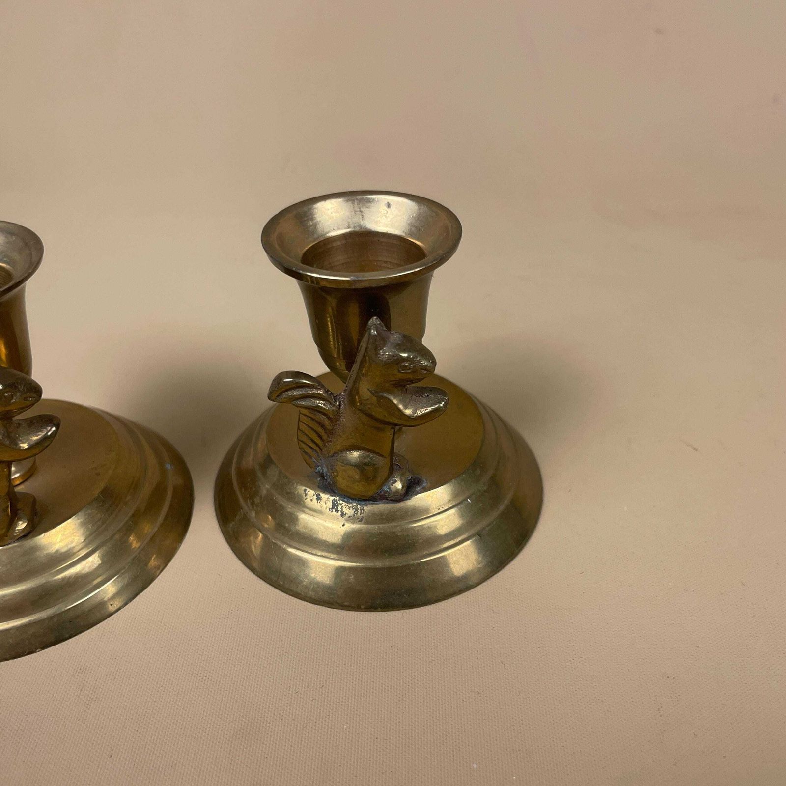 Antique Matching Pair Of Gold Brass Metal Squirrel Candlestick Candle Stick Vintage Round Base Taper Dinner Candlesticks photo furniture