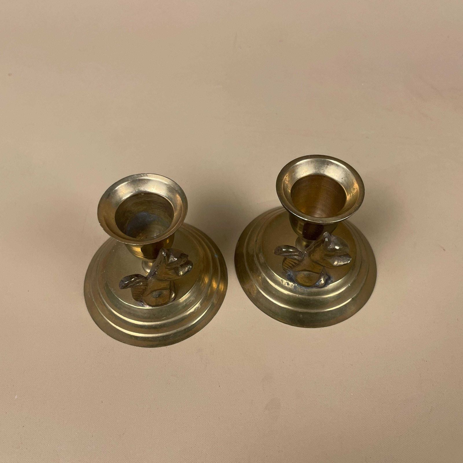 Antique Matching Pair Of Gold Brass Metal Squirrel Candlestick Candle Stick Vintage Round Base Taper Dinner Candlesticks photo 50.0