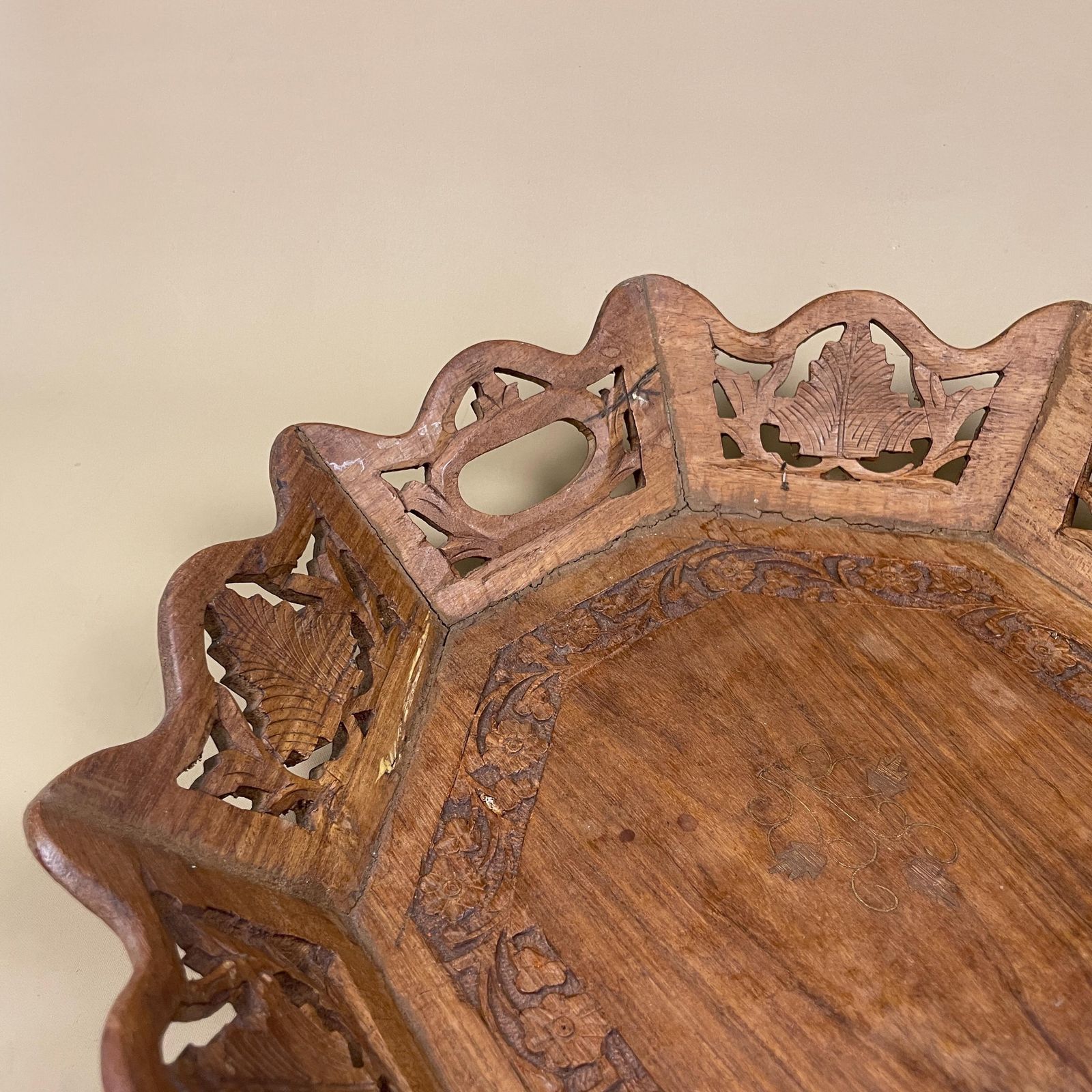 Antique Wooden Octagon Tray Rounded Edges Display Bowl Wood Hand Carved Intricate Detail Leaf Pattern Floral Cut Out Display 1970's photo Home Decor