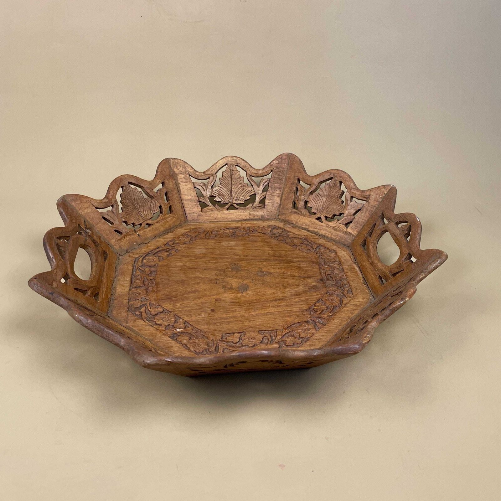 Antique Wooden Octagon Tray Rounded Edges Display Bowl Wood Hand Carved Intricate Detail Leaf Pattern Floral Cut Out Display 1970's photo 55.0