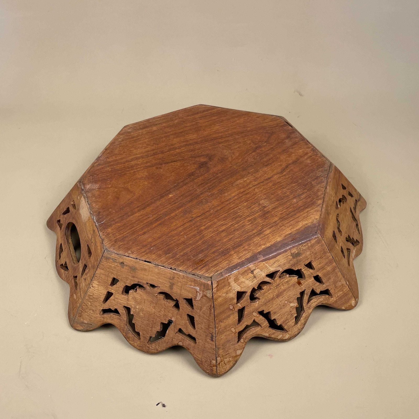 photo furniture Antique Wooden Octagon Tray Rounded Edges Display Bowl Wood Hand Carved Intricate Detail Leaf Pattern Floral Cut Out Display 1970's