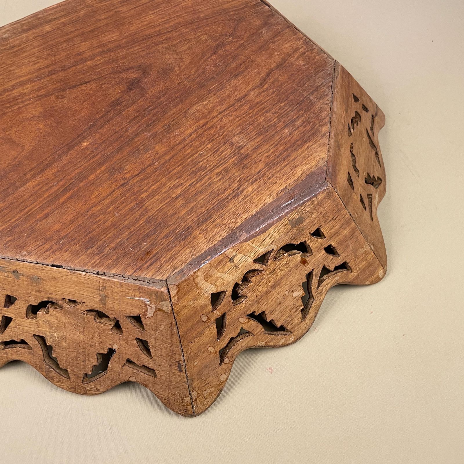 photo for sale Antique Wooden Octagon Tray Rounded Edges Display Bowl Wood Hand Carved Intricate Detail Leaf Pattern Floral Cut Out Display 1970's