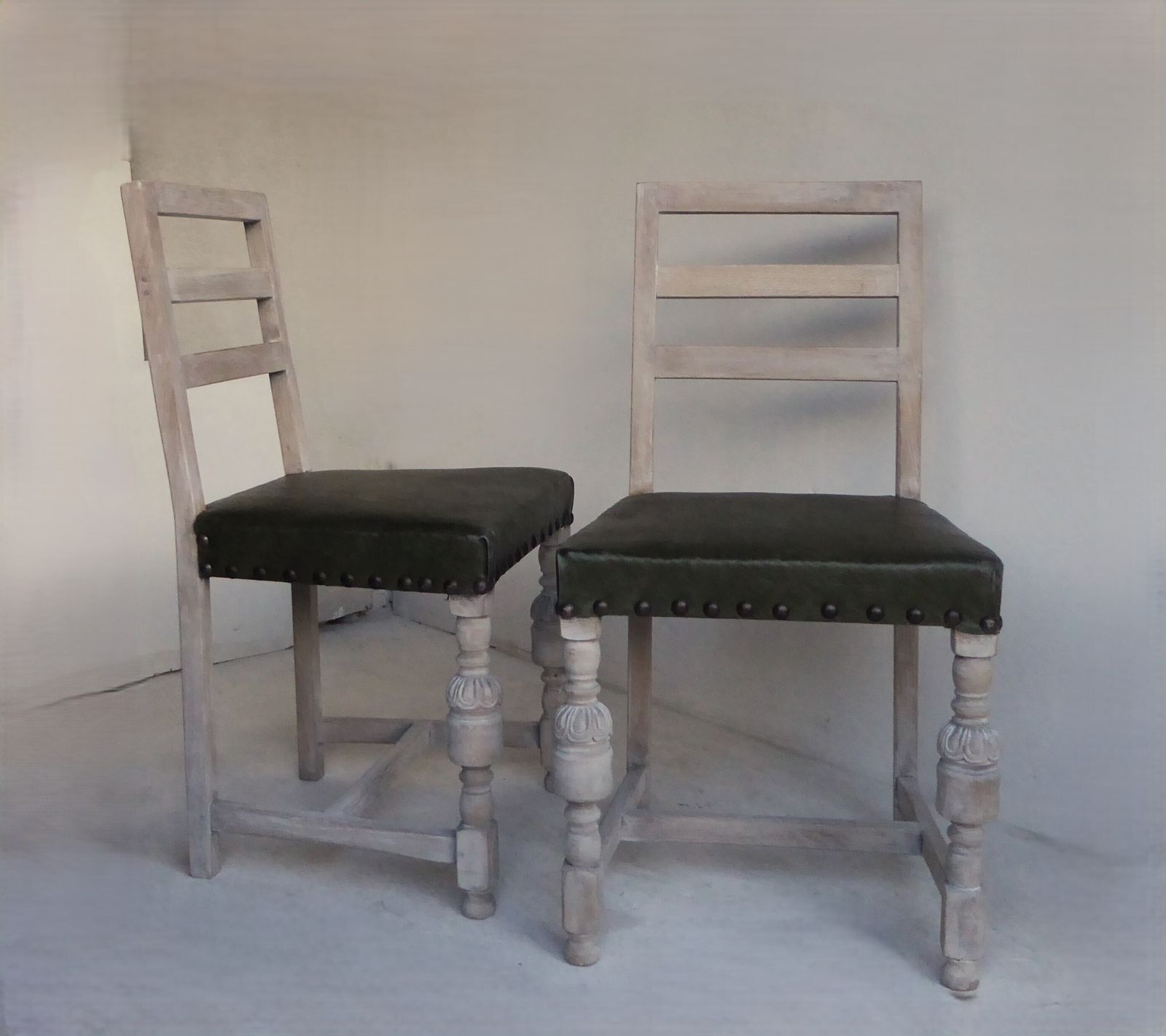Set Of Eight Rare Green Seats Ladderback Solid Oak Antique  Dining Chairs photo vintage