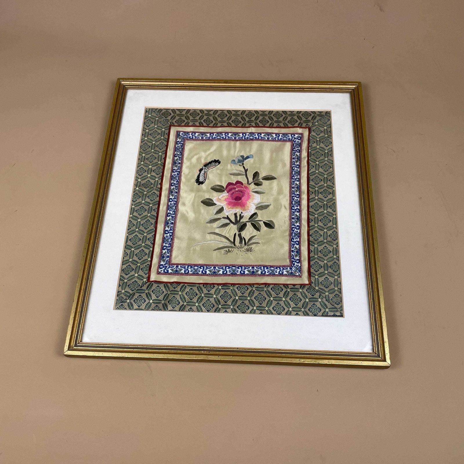 Oriental Embroidered Silk Floral Butterfly Art Artwork Green Pink Picture Gold Frame Chinese Asian Fabric Antique Original