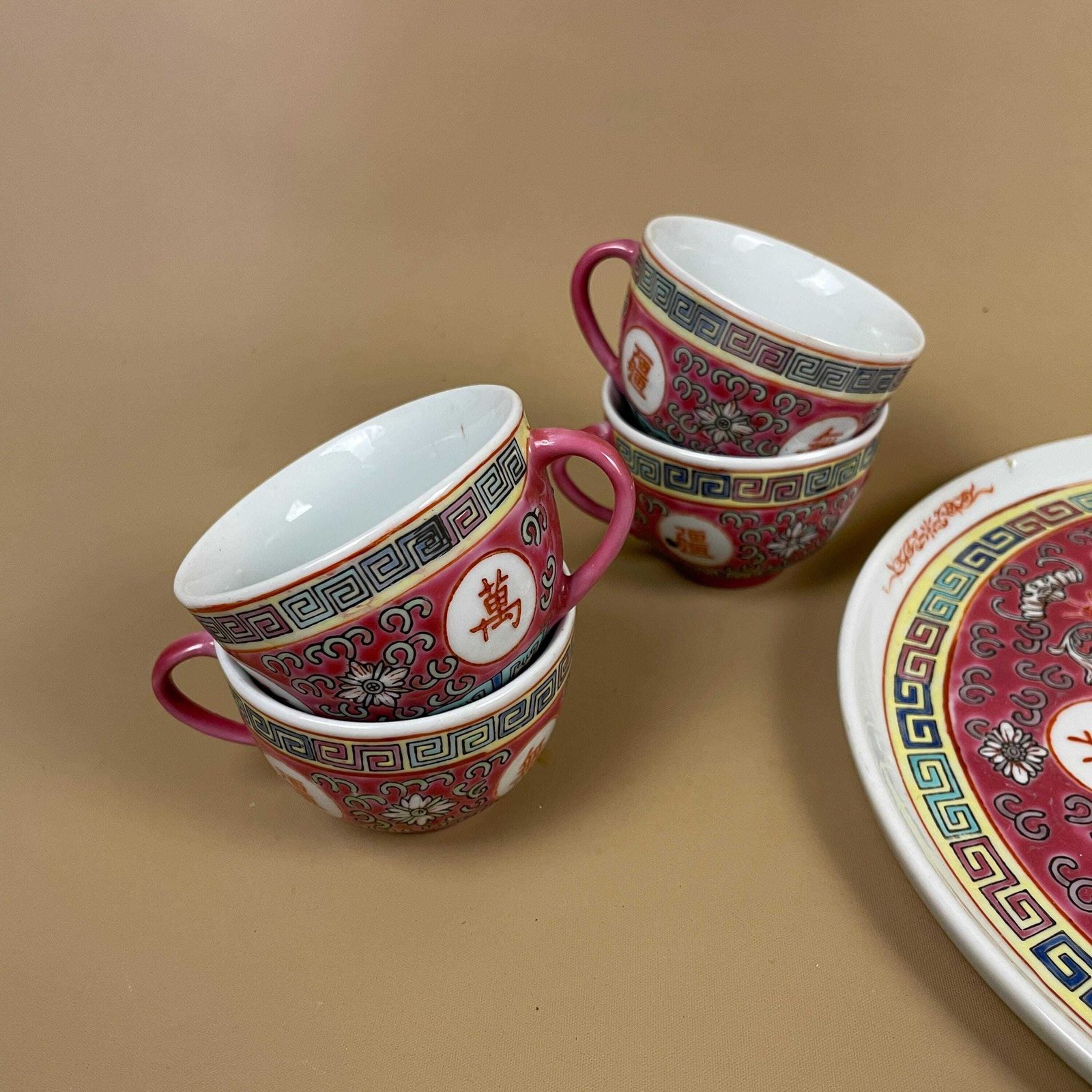 Vintage Chinese Porcelain Tea Cup & Saucer Set Pink Oriental Four 4x Cups Decorative Kitchen Tea Set Asian photo vintage