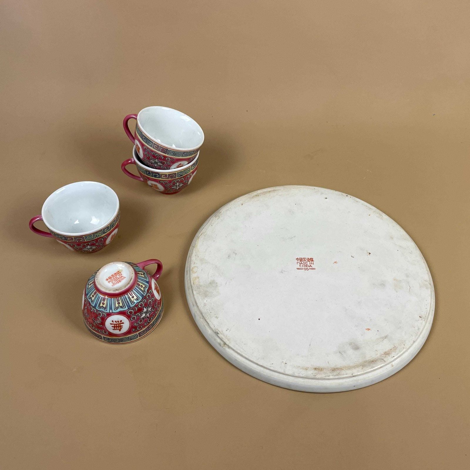 photo furniture Vintage Chinese Porcelain Tea Cup & Saucer Set Pink Oriental Four 4x Cups Decorative Kitchen Tea Set Asian