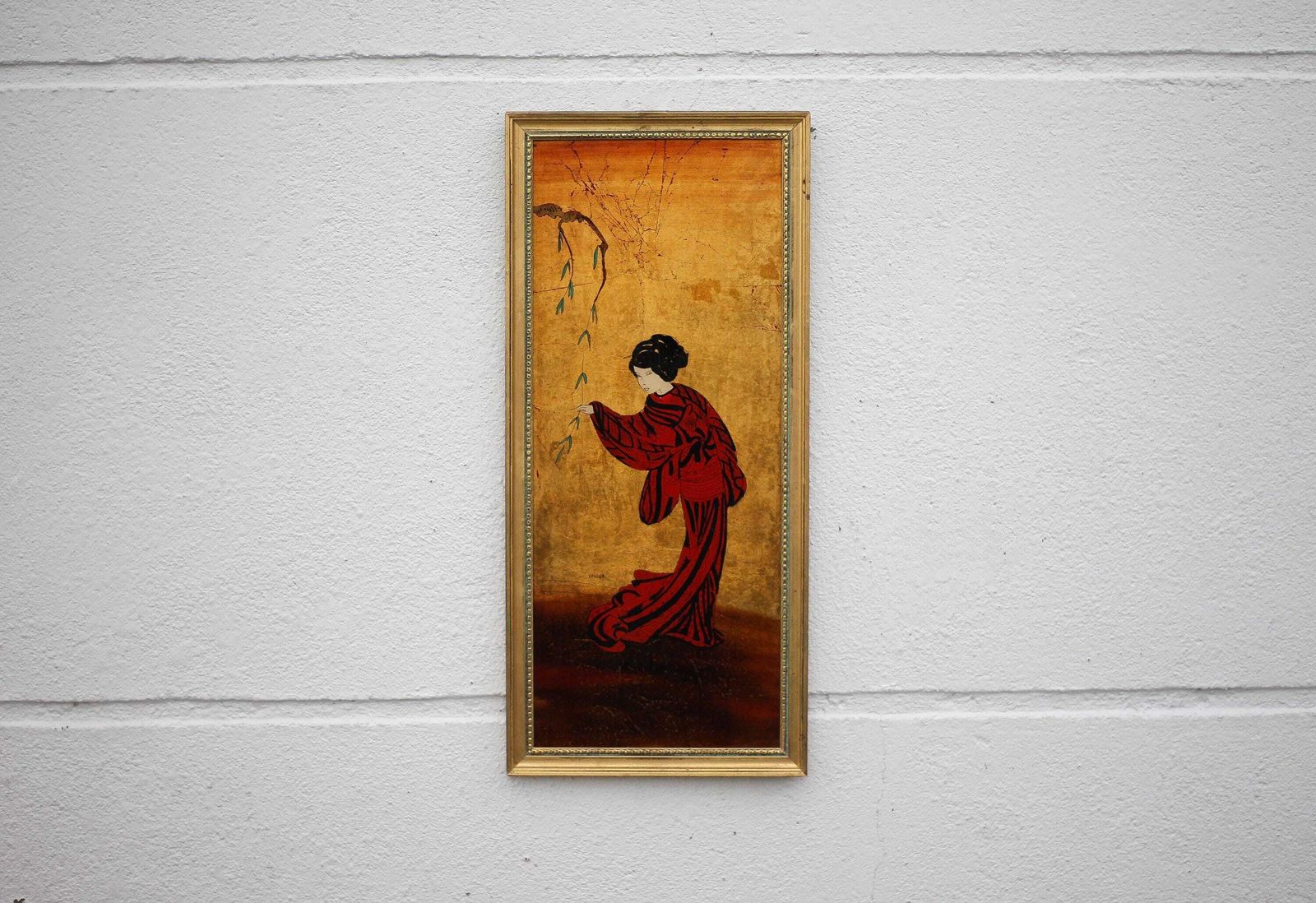 Painting Signed Zeller Michel, Wall Framed, Lacquer And Gold Leaf, Asian Geisha Motif, Collection