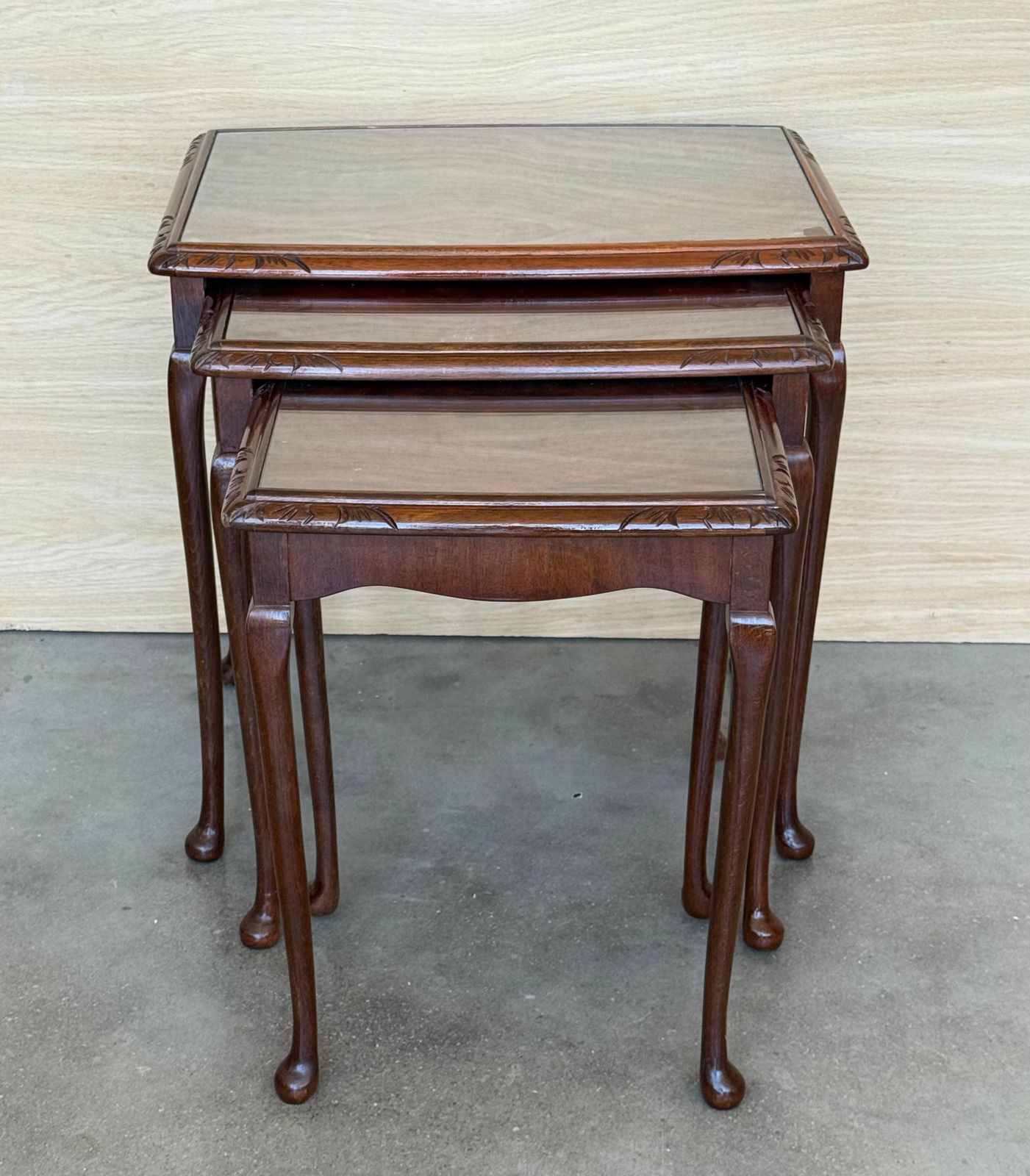 Set Of Three Mahogany Nesting Tables With Glass Top photo furniture