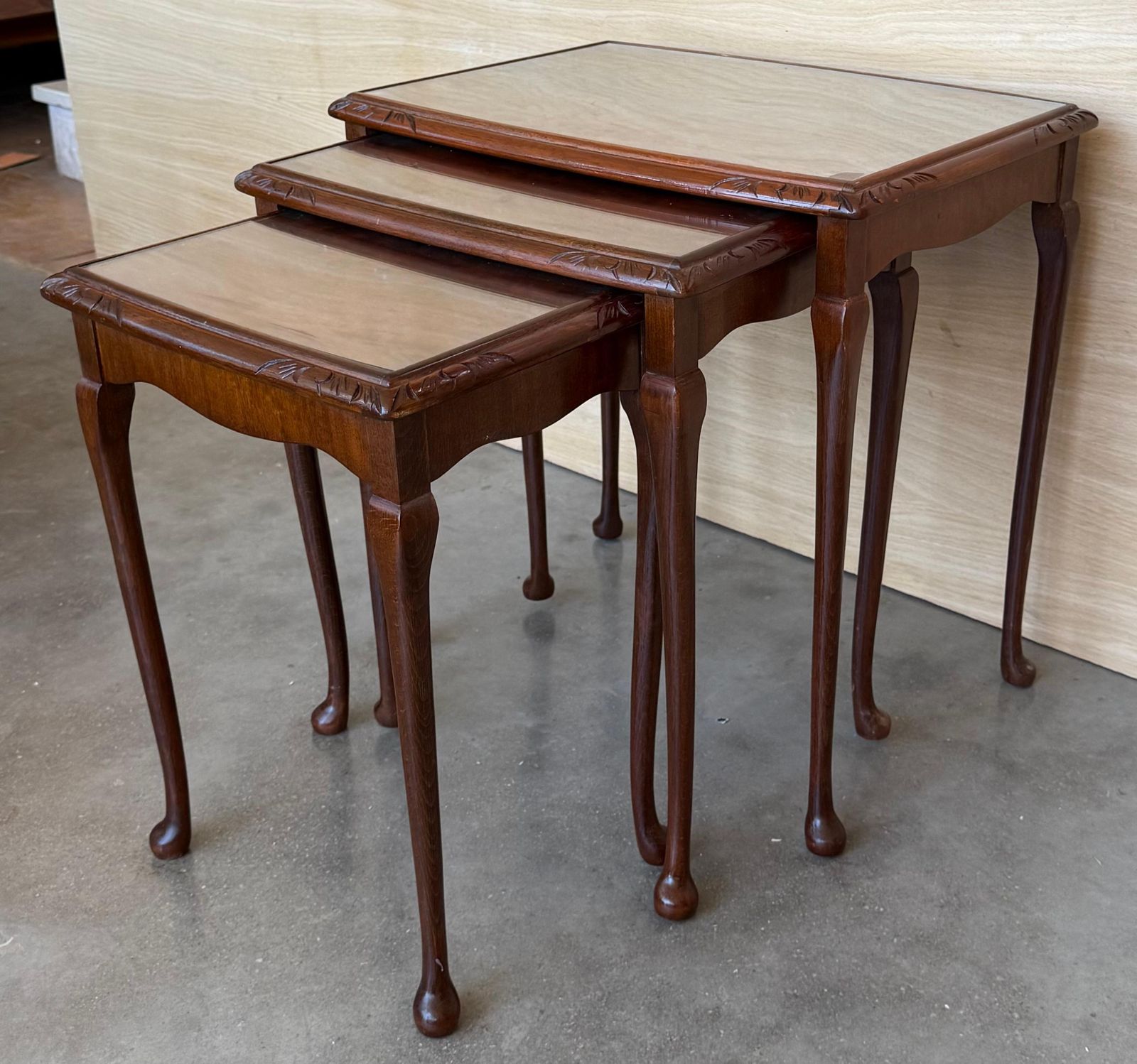 Set Of Three Mahogany Nesting Tables With Glass Top photo for sale