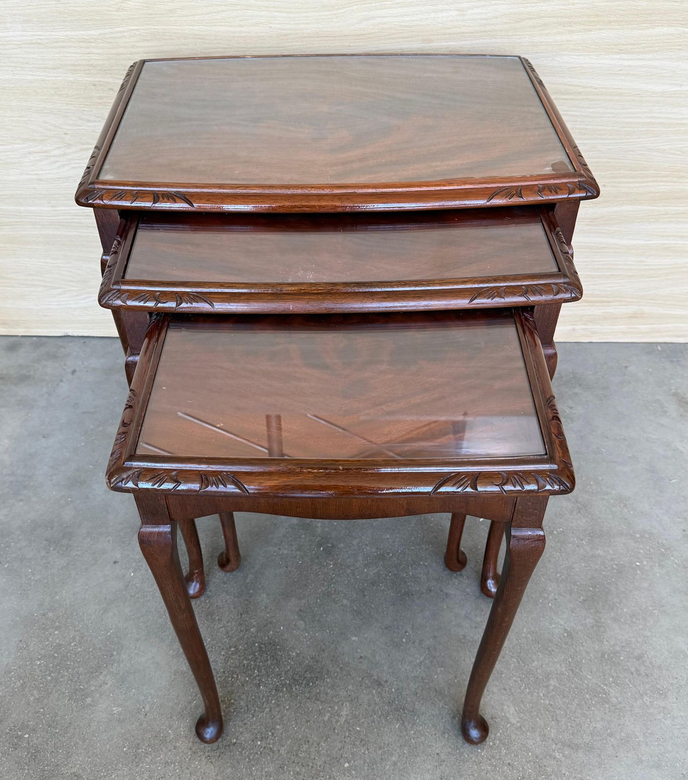Set Of Three Mahogany Nesting Tables With Glass Top photo vinterior