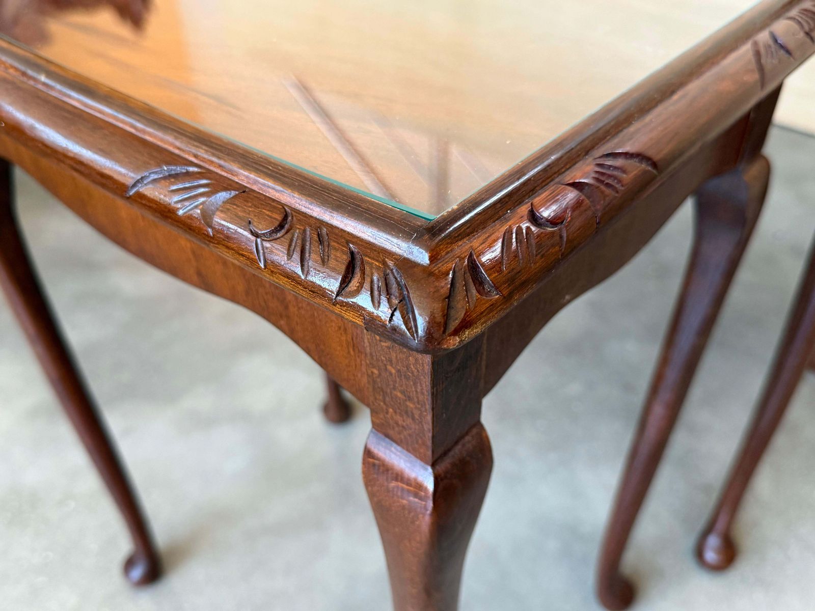 photo for sale Set Of Three Mahogany Nesting Tables With Glass Top