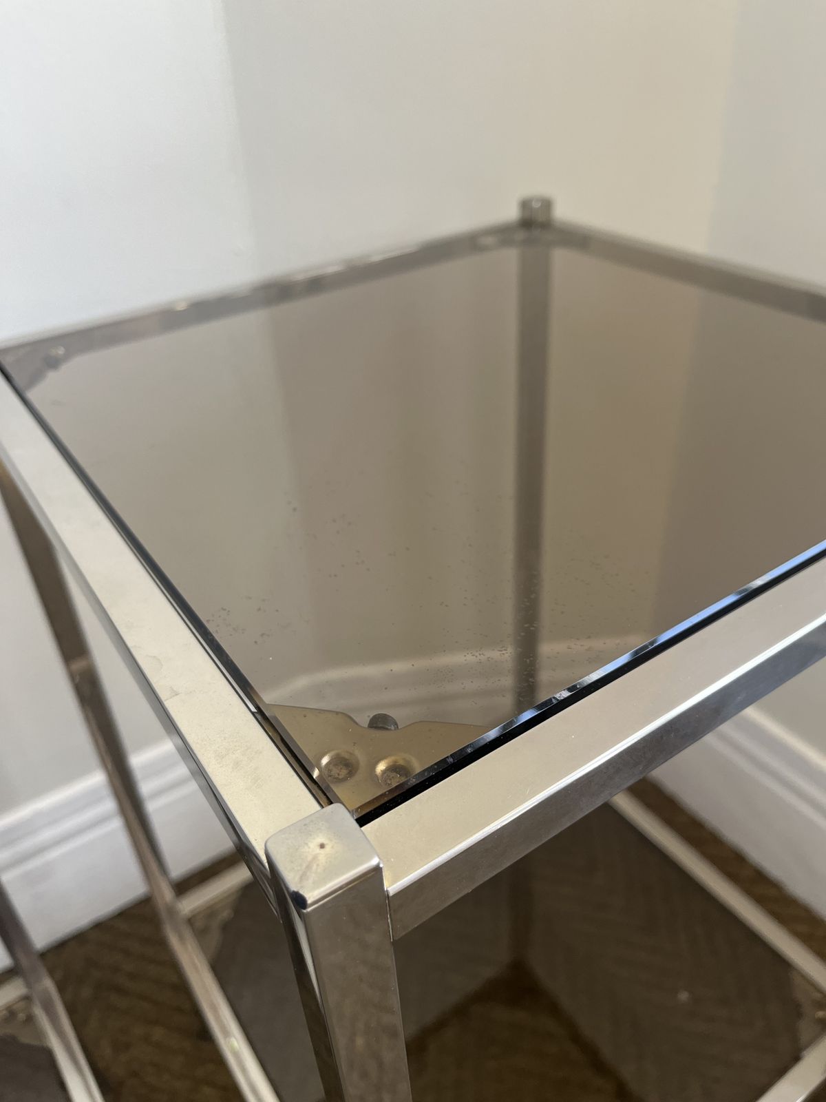 Pair Of Modernist Chrome & Smoked Glass Two Tier Side Tables Circa 1970 photo vintage