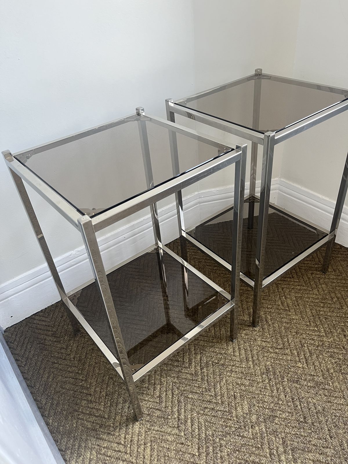 Pair Of Modernist Chrome & Smoked Glass Two Tier Side Tables Circa 1970