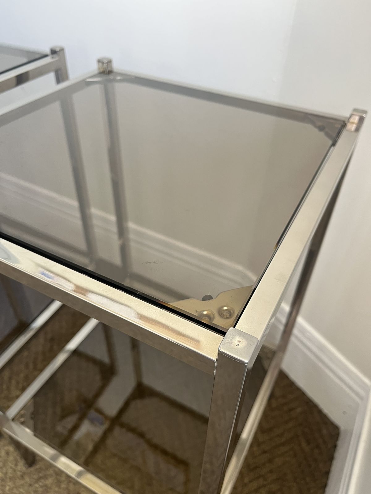 Pair Of Modernist Chrome & Smoked Glass Two Tier Side Tables Circa 1970 photo Furniture