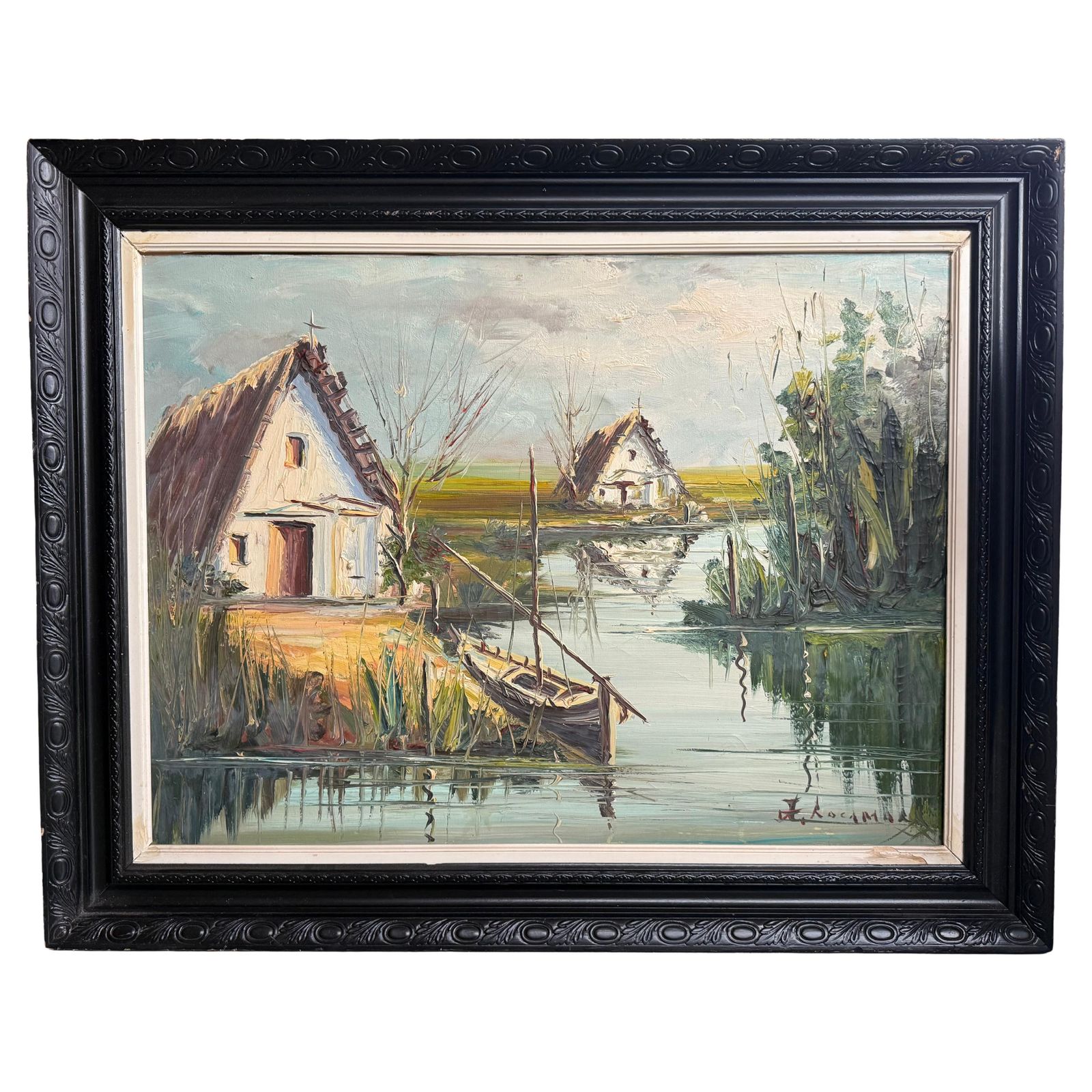 Peinture à l'huile sur toile, paysage avec cabane, Méditerranée espagnole, Rocamora