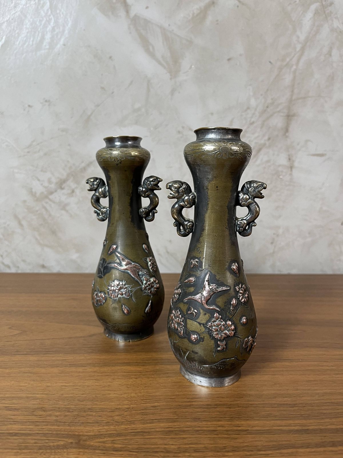 Pair Of Bronze Vases   Asian Motifs In Relief In Copper photo furniture