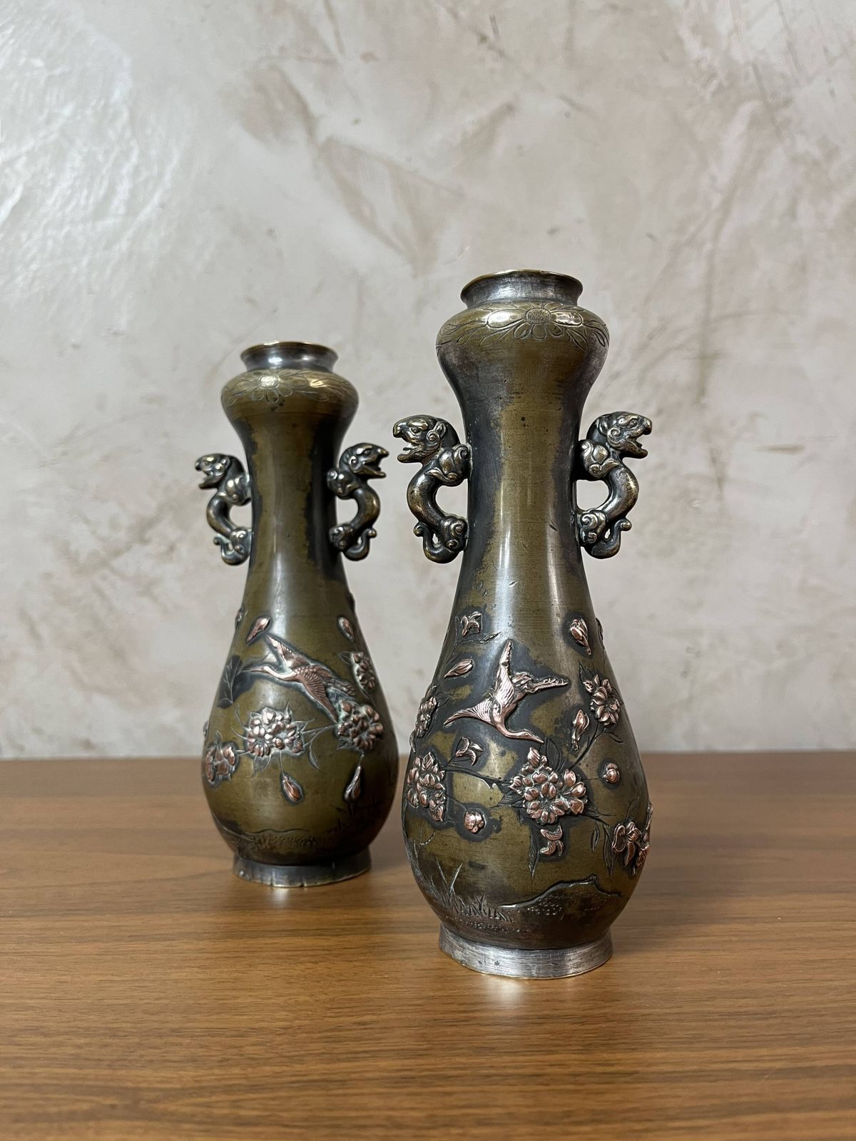 Pair Of Bronze Vases   Asian Motifs In Relief In Copper photo for sale