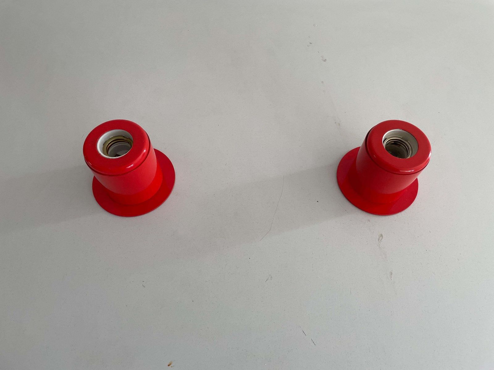 Minimal Design Pair Of Orange Metal Wall Lamps Still Of Artemide, 1970s, Italy