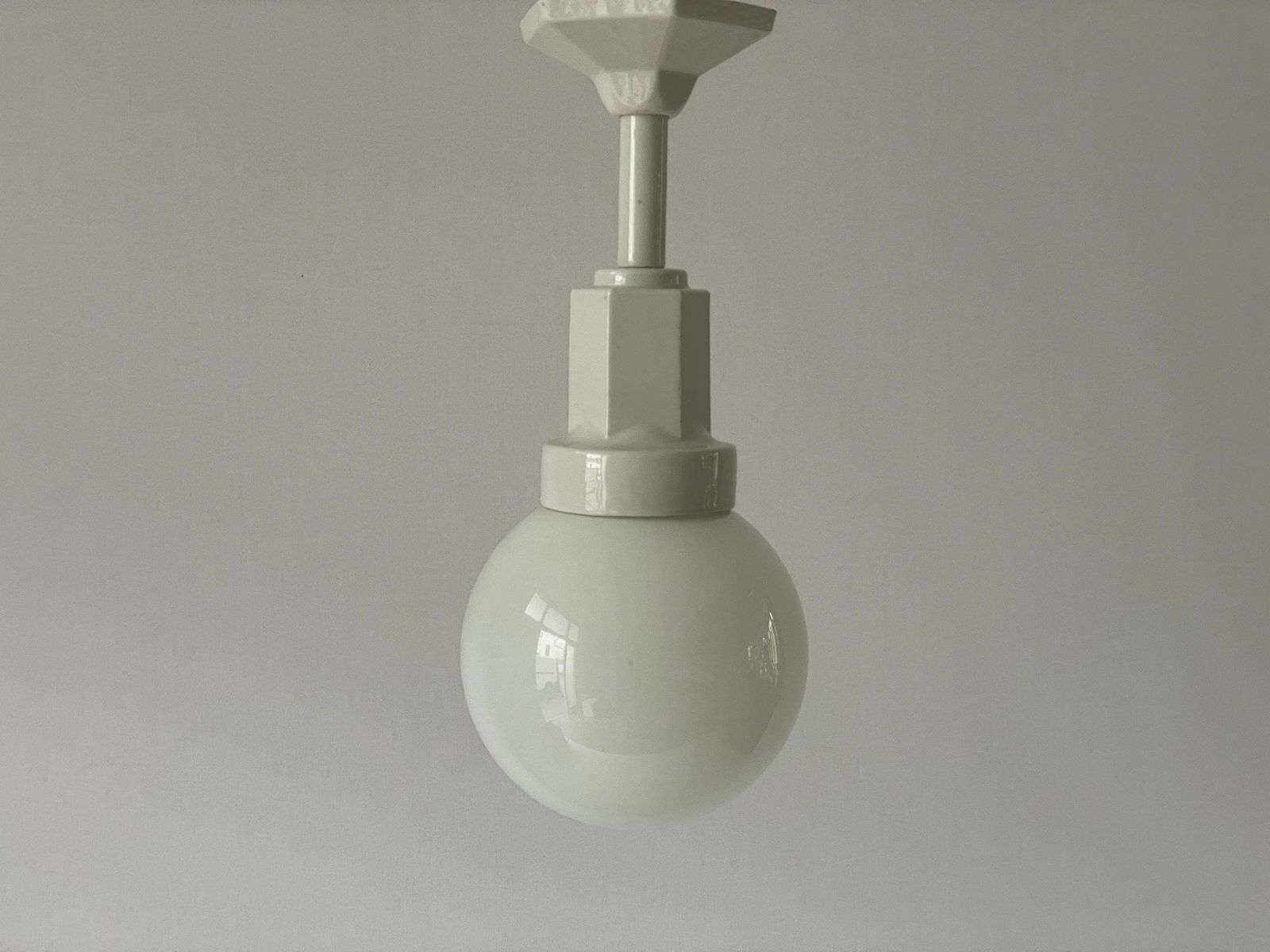 Art Deco Glass Ball And White Ceramic Body Pendant Lamp, 1960s, Italy