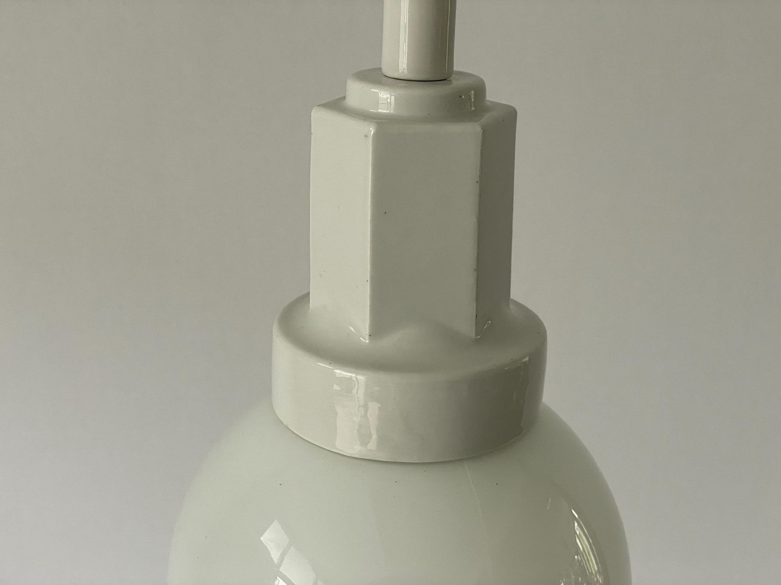 photo for sale Art Deco Glass Ball And White Ceramic Body Pendant Lamp, 1960s, Italy