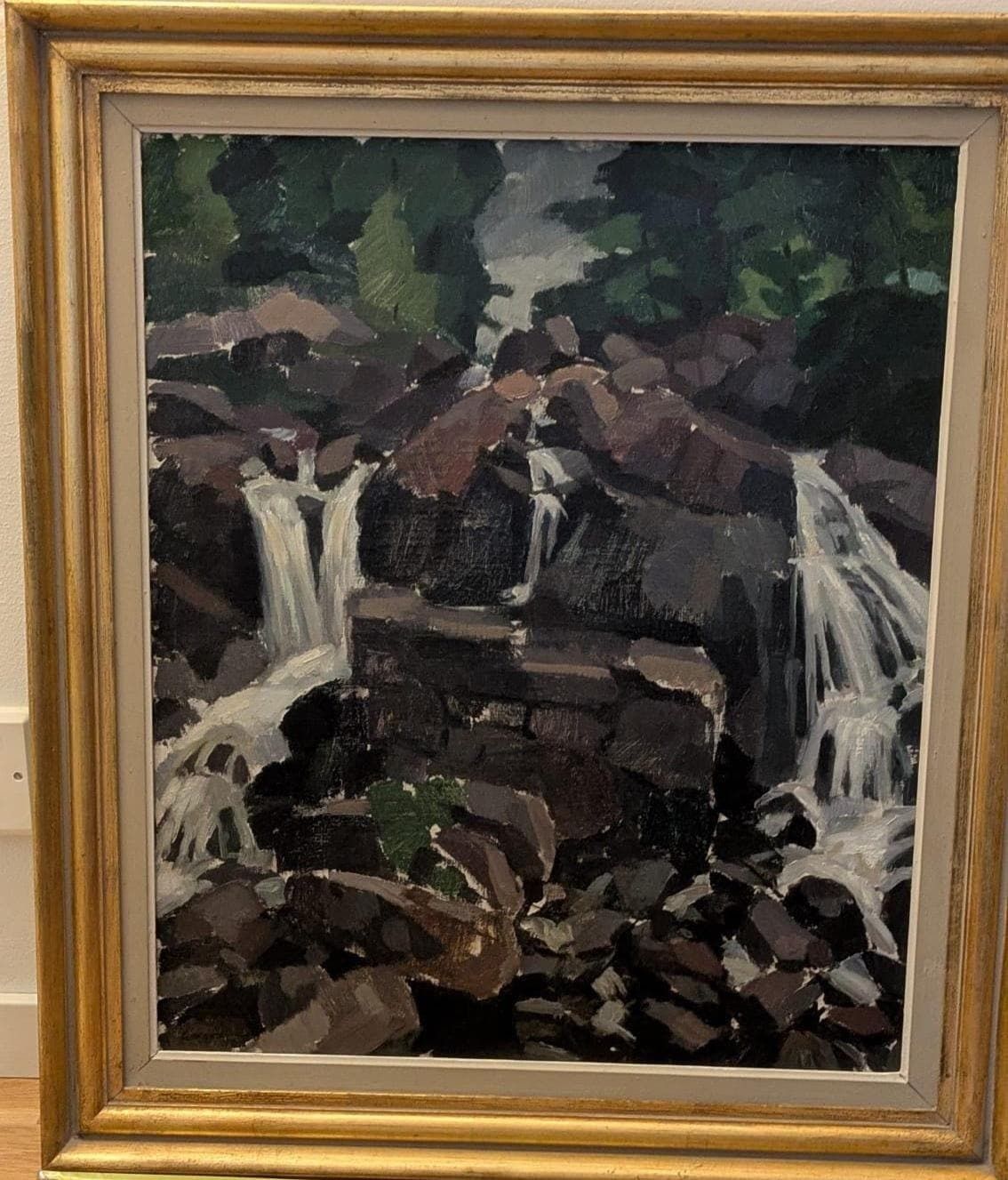 Mid Century Original Scandinavian Oil On Canvas "Cubist Waterfall" – Larson – Vintage, 58 X 68 Cm / 22.8 X 26.8 In