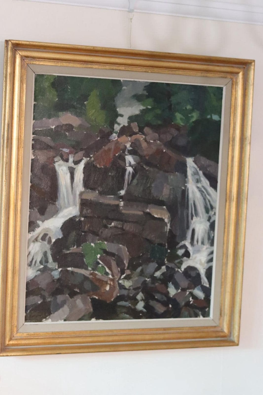 Mid Century Original Scandinavian Oil On Canvas "Cubist Waterfall" – Larson – Vintage, 58 X 68 Cm / 22.8 X 26.8 In photo vintage