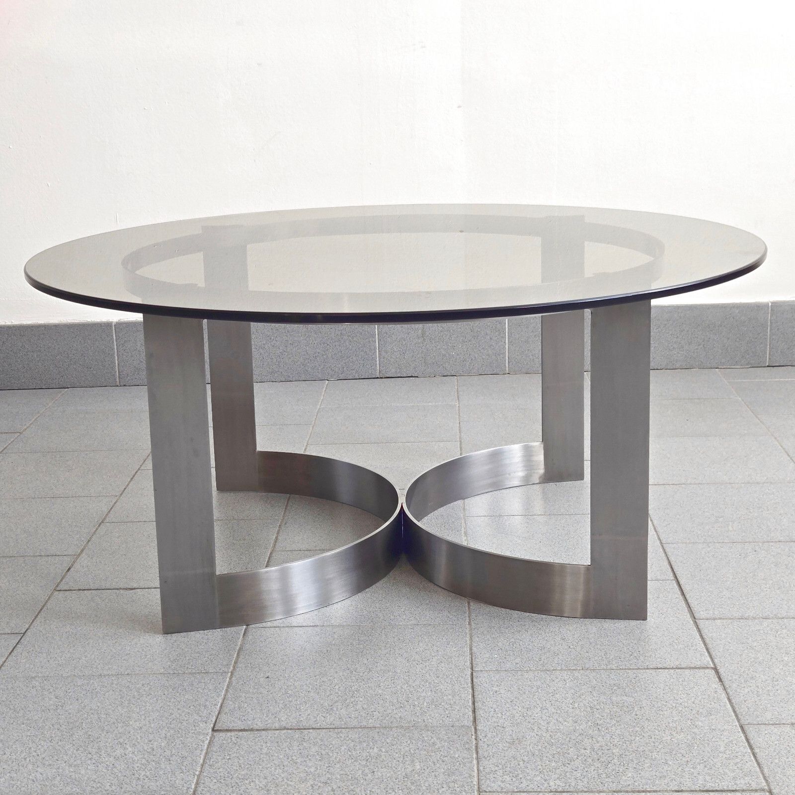 Vintage Stalen Salontafel Met Rookglas, Geborsteld Staal, Dlg Kappa Uginox Pergay, Jaren 1970