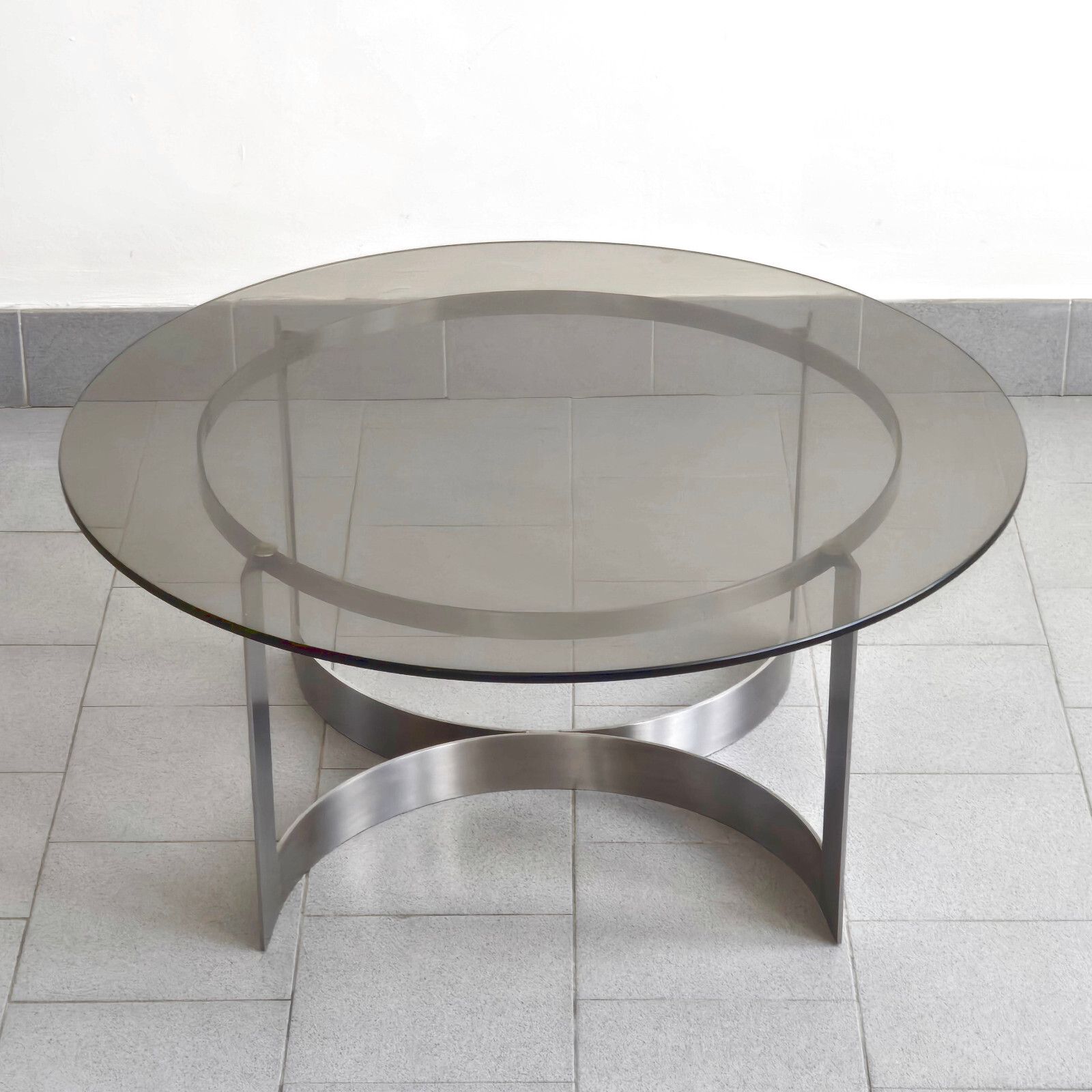 Vintage Stalen Salontafel Met Rookglas, Geborsteld Staal, Dlg Kappa Uginox Pergay, Jaren 1970 photo for sale