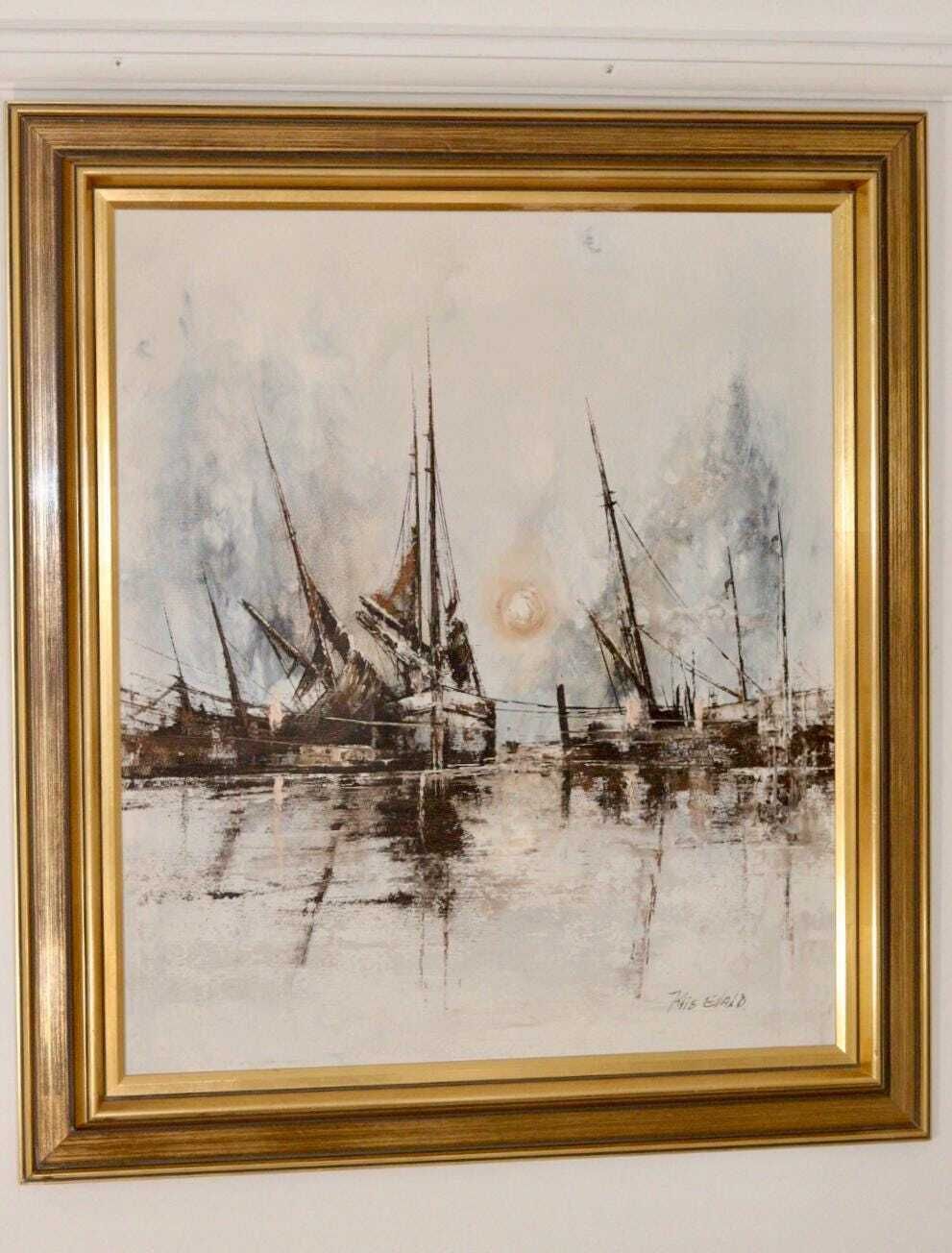 Mid Century Original Swedish Oil On Canvas "Boats" – Kris Ewald – Vintage & Framed, 81 X 72 Cm / 31.9 X 28.3 In photo furniture
